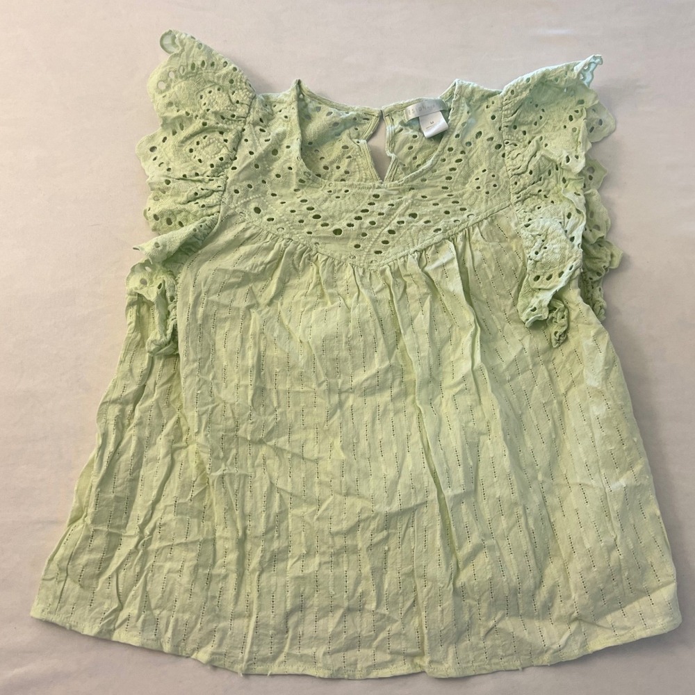 Design History Mint Green Eyelet Ruffle Sleeve Cotton Blouse Top Medium
